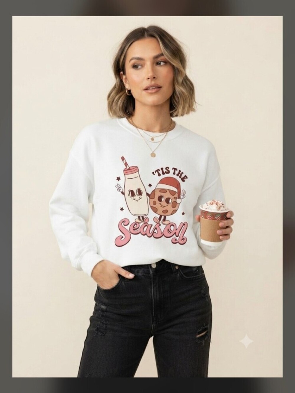 Whimsical Xmas milk and cookies white sweatshirt